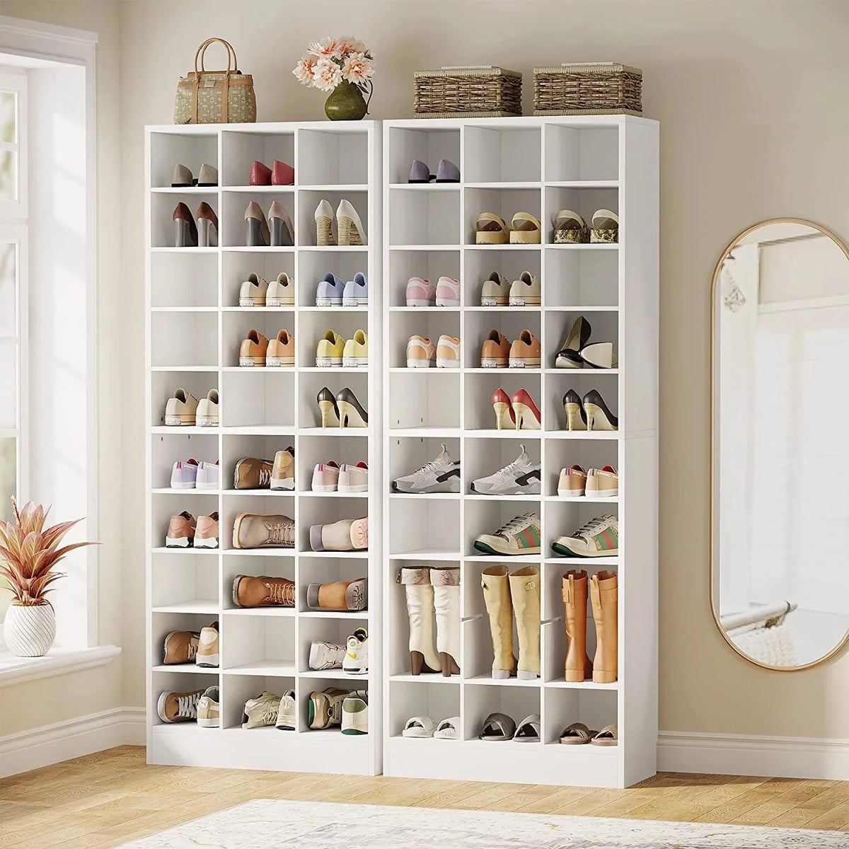 10-Tier Tall Shoe Cabinet. 30-Pair White Wood Shoe Storage Rack for Entryway and Closet