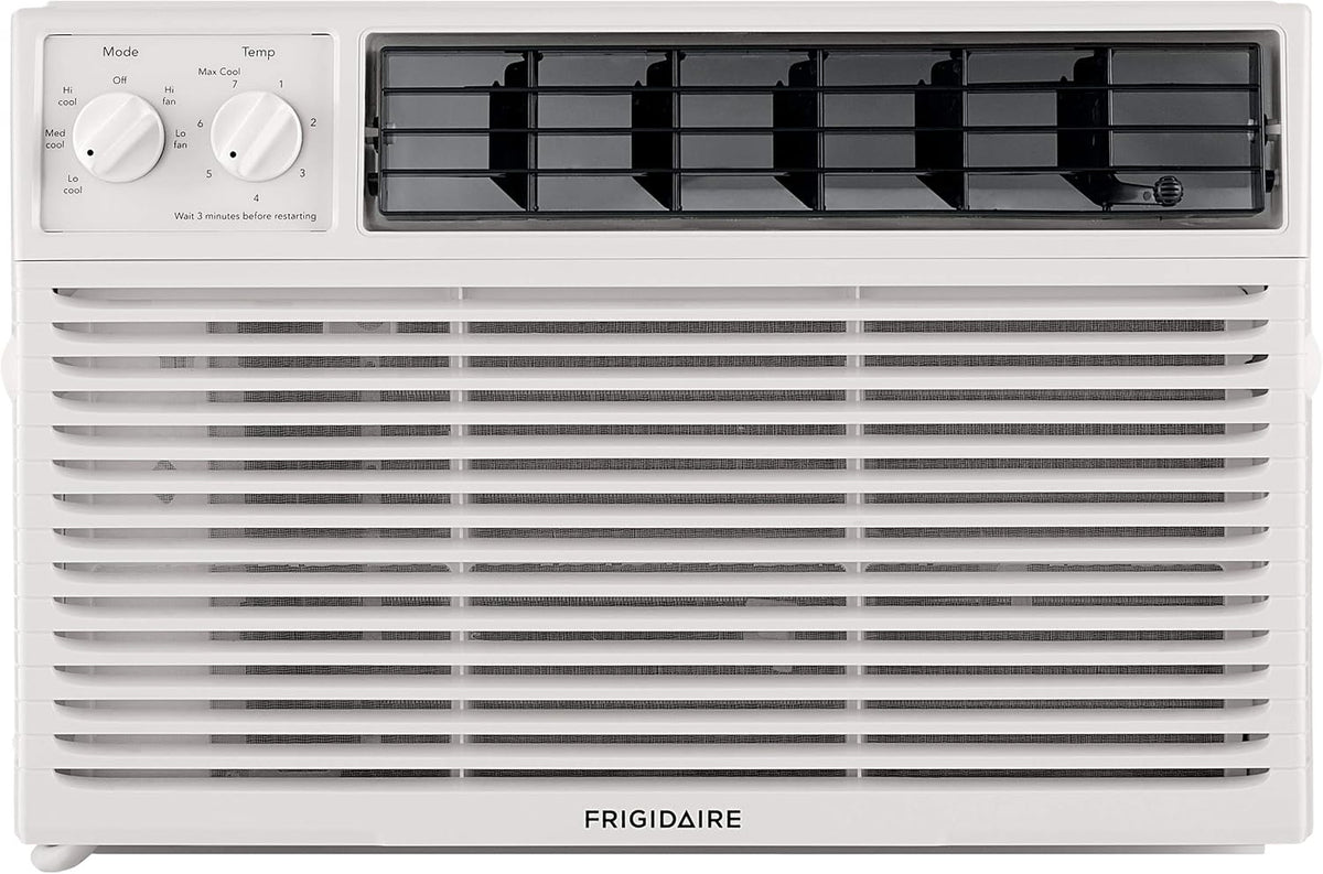 5000-watt window air conditioner. with a cooling area of 250 square feet. operates quietly. has easy and convenient temperature adjustment. 2 fan speeds. automatic restart function. and a white appearance