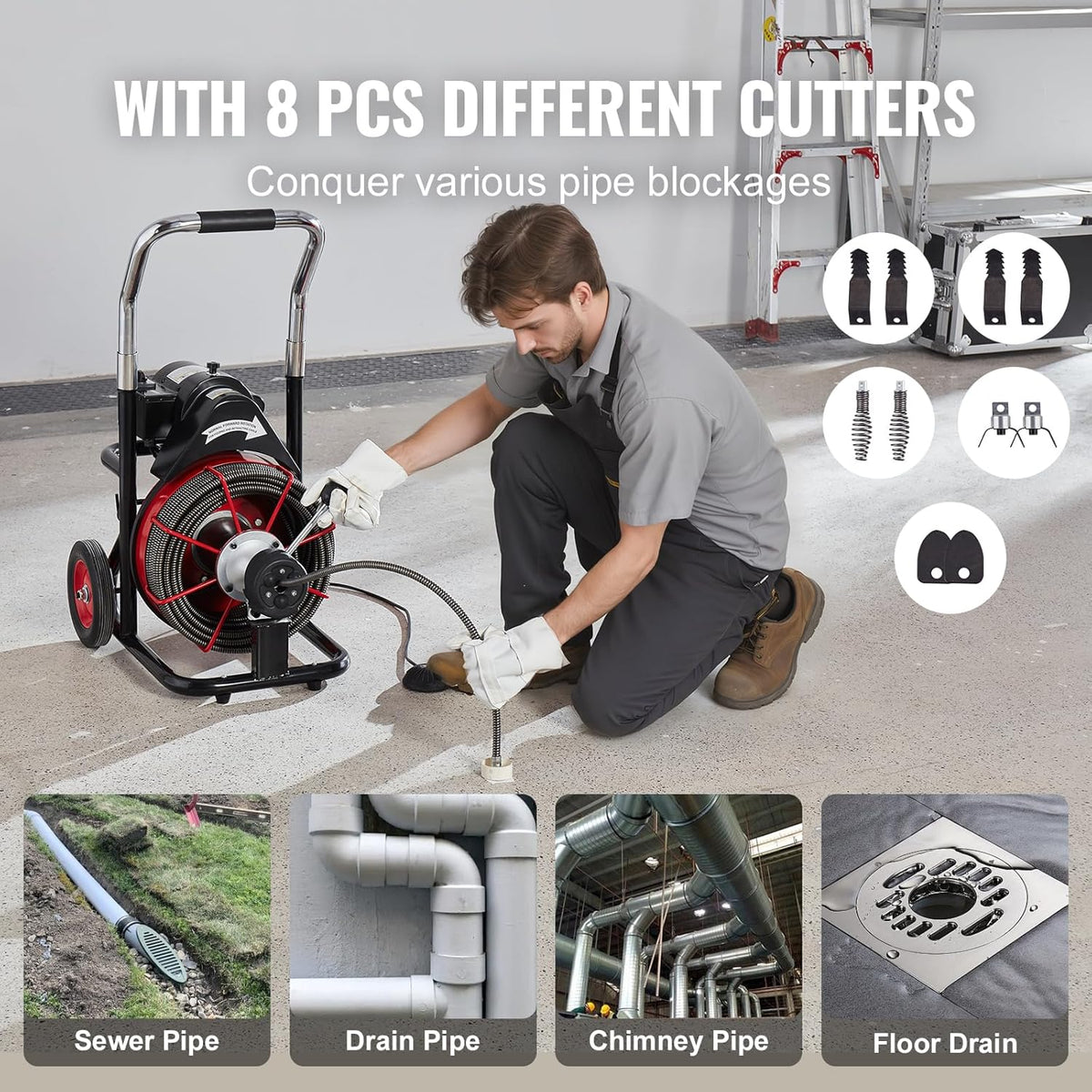 550W Drain Cleaning Machine. 100-Ft. x 1/2-Inch Sewer Snake Auger with 8 Cutters. Wheels and Foot Switch. for 2-4-Inch Pipes
