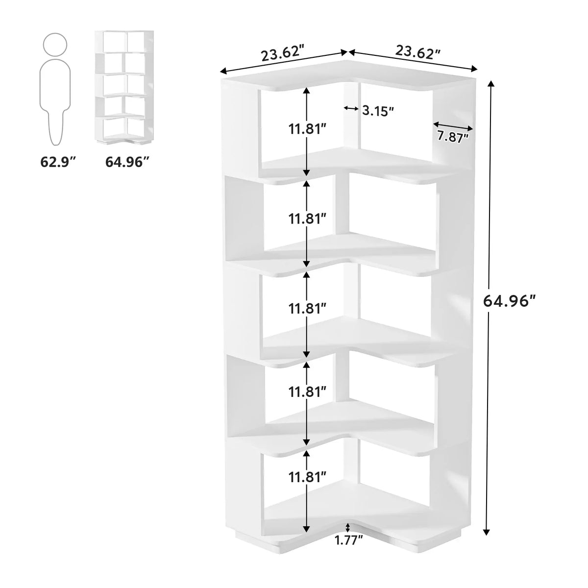 64.9 Inch Tall 6-Tier Corner Bookshelf. Freestanding Wood Industrial Bookcase