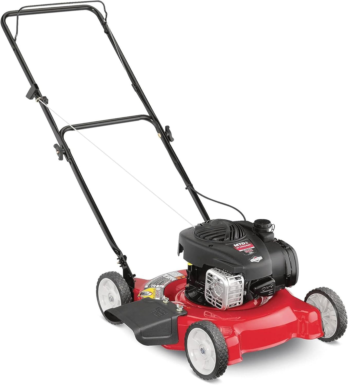 20-inch steel cutting deck. side-discharge gasoline-powered push lawn mower. with engine oil. available in red and black. suitable for outdoor yards.