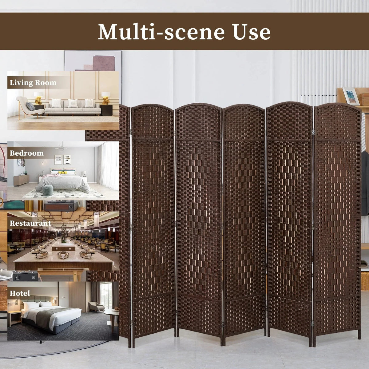 6 FT Tall Woven Fiber Room Divider. Freestanding Folding Privacy Screen