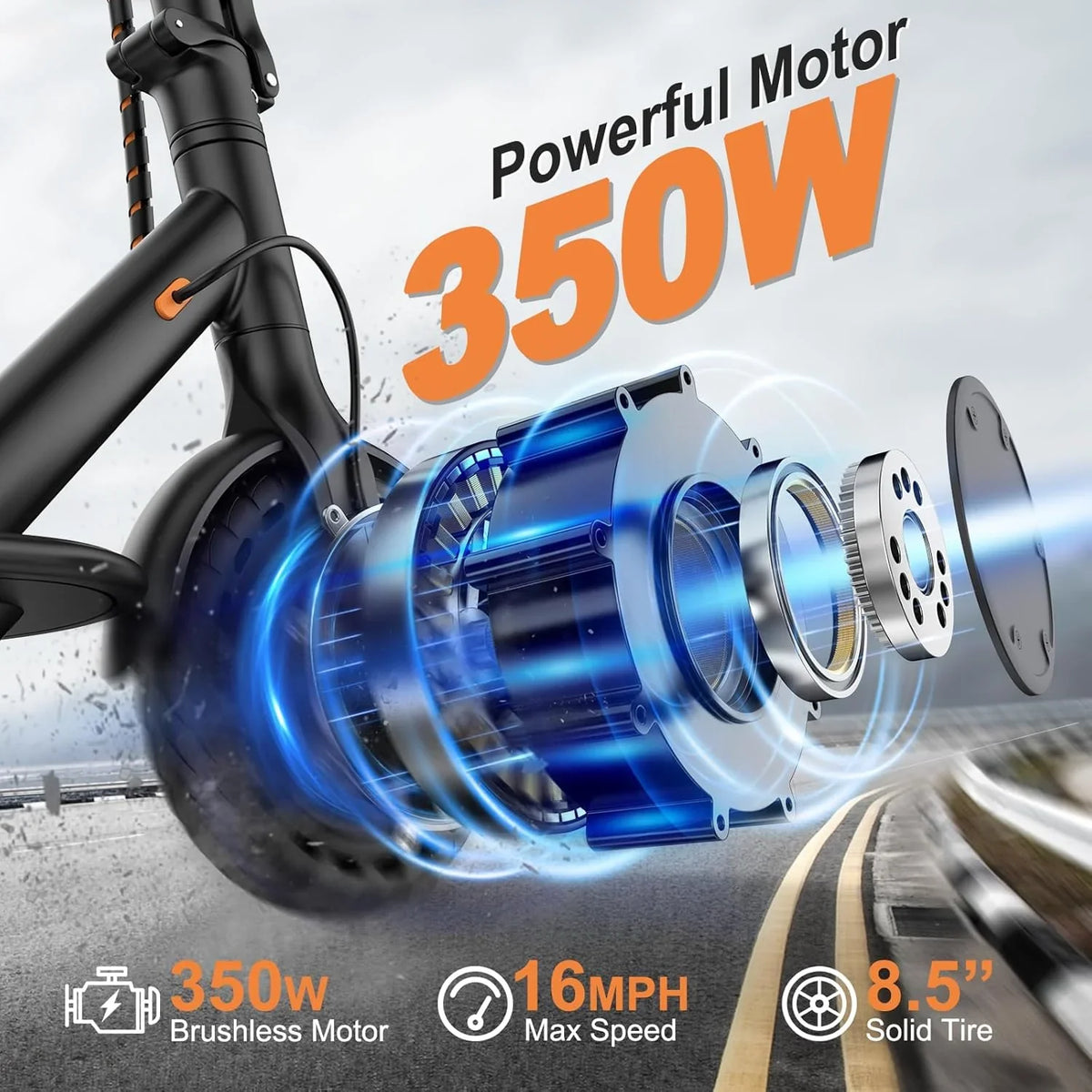 Electric Scooter. 350W Motor. 187Wh/281Wh Battery. 16/19Mph Top Speed. 8.5''Tires. Dual Braking. Folding Scooter