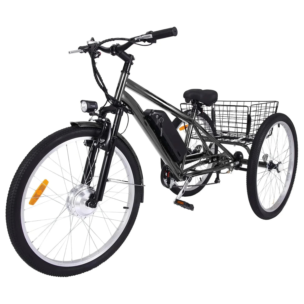 26 Inch Adult 3 Wheel Electric Tricycle with Basket. Fat Tires.7 Speeds.350W Powerful Motor. 36V 10Ah Removable Battery – Dark Gray