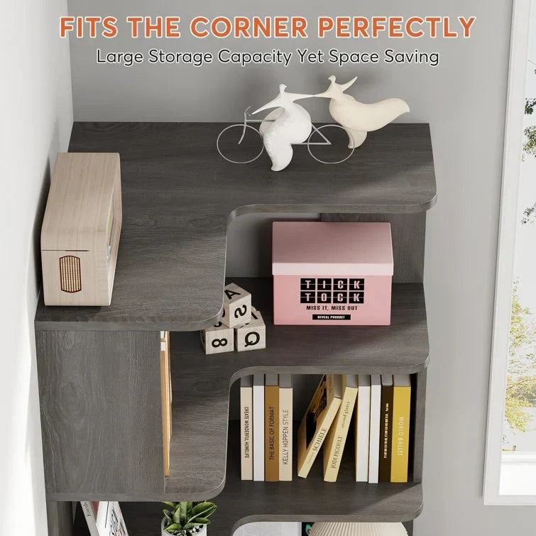 64.9 Inch Tall 6-Tier Corner Bookshelf. Freestanding Wood Industrial Bookcase