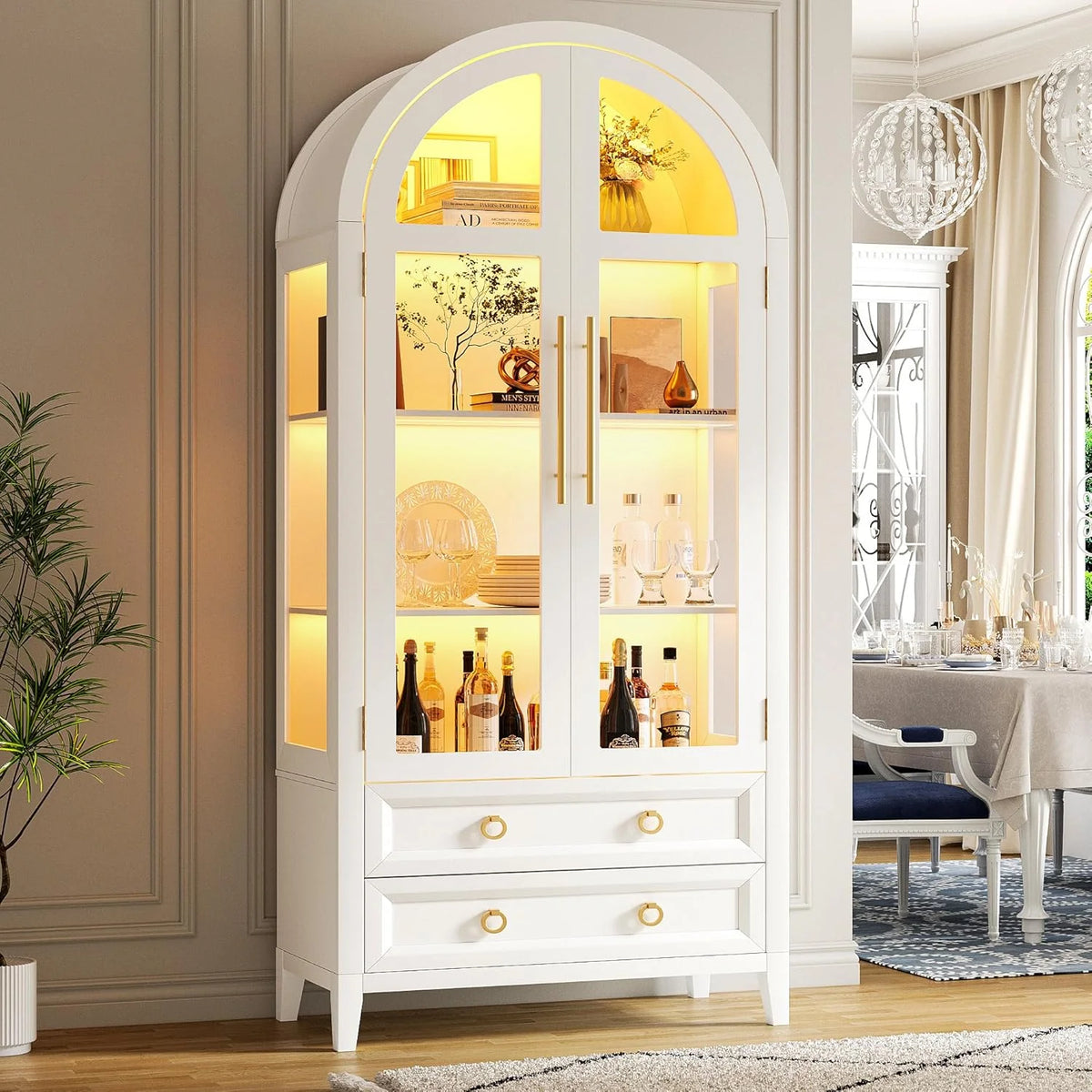 LVSOMT Gewölbte Glasvitrine mit LED Beleuchtung. 180cm Vitrinenschrank mit Glastüren. Bogen Vitrine mit 4 Display Regale und 2 Schubladen. 3 Farbe