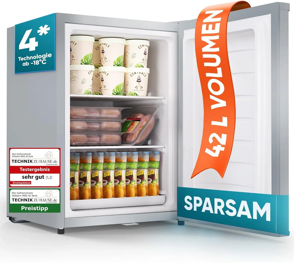Stillstern Mini Gefrierschrank (42L) -18°C. Eiswürfelschale. Schloss. Türanschlag wechselbar. 4-Sterne Tiefkühlschrank für Camping/Büro Gefriertruhe