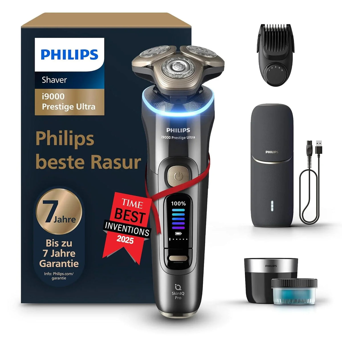Rasierer i9000 Prestige Ultra. Nass- und Trockenrasierer für Herren. adriatic. Druck- und Bewegungssensor. 5+1 Bartstyler. Reinigungsstation. UV-