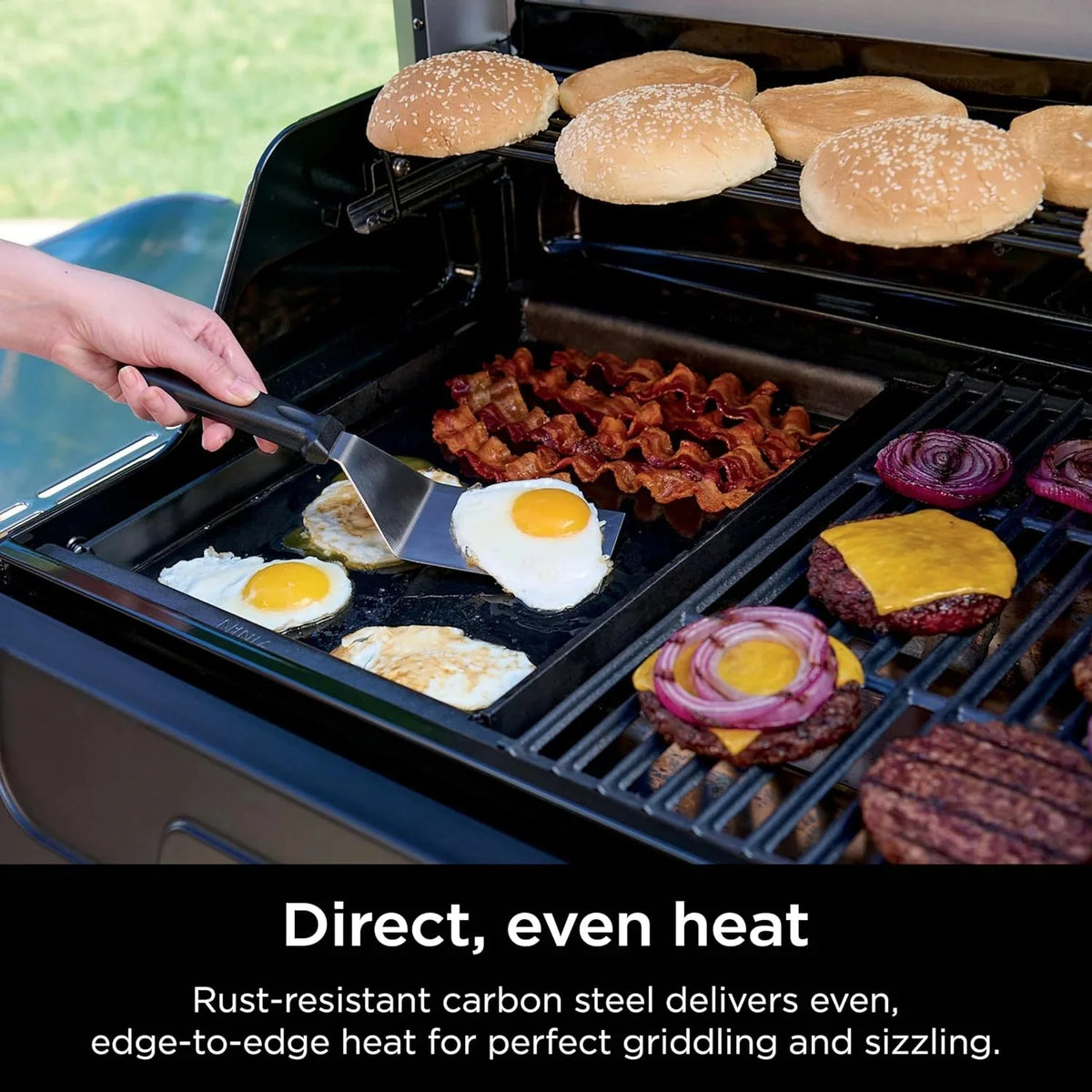 5-in-1 Electric and Propane Grill. 3-Burner Outdoor BBQ Grill and Smoker with Digital Controls. Griddle and Pizza Maker. Stainless Steel