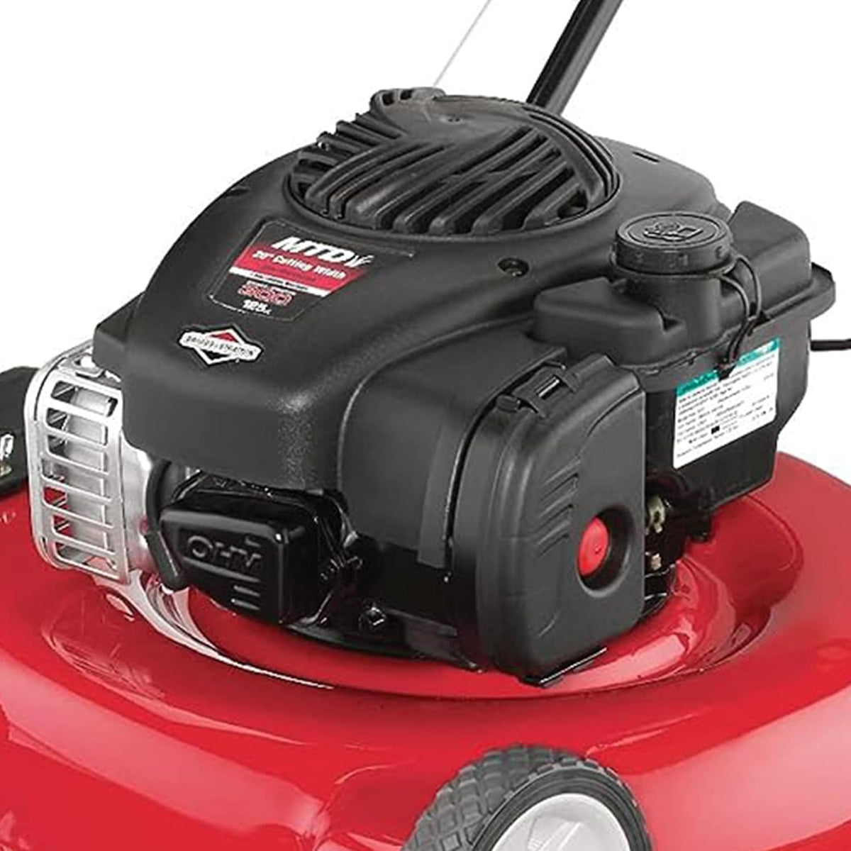 20-inch steel cutting deck. side-discharge gasoline-powered push lawn mower. with engine oil. available in red and black. suitable for outdoor yards.