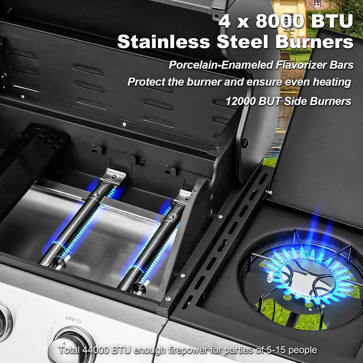 4-Burner Propane Gas Grill with Cast Iron Grates. Side Stove and 44.000 BTU Stainless Steel Burners