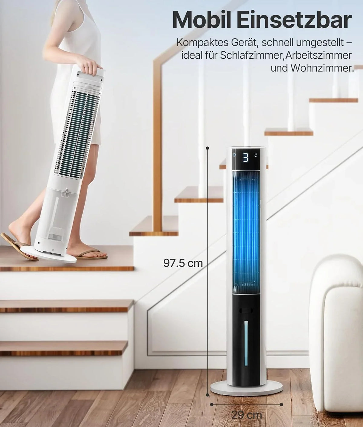 Turmventilator Luftkühler mit Wasserkühlung - Mobile Klimaanlage ohne Abluftschlauch. Ventilator mit Kühlung Leise. 3 Modi-12H Timer-Aroma-