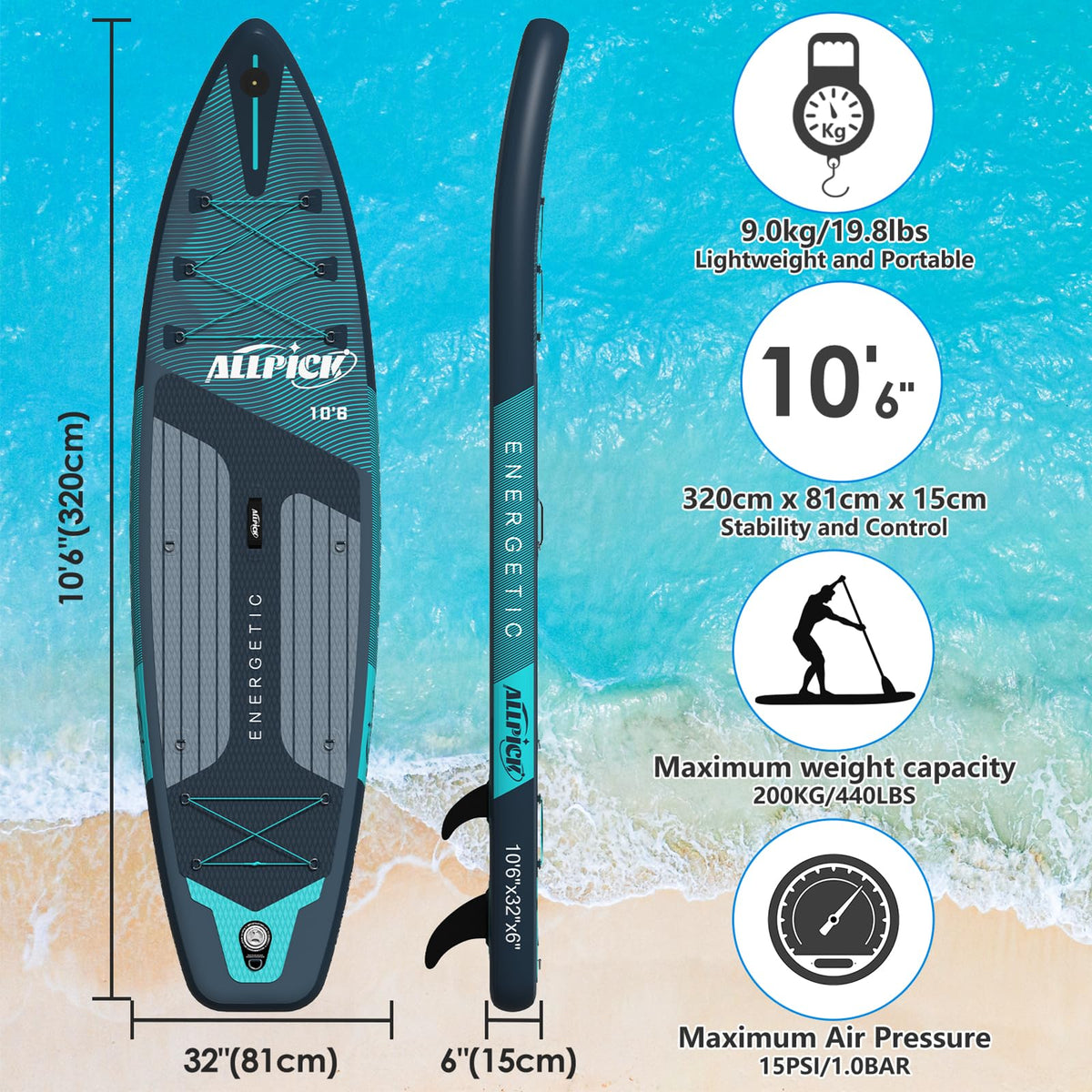 2026 Tabla de Paddle Surf Inflable ALLPICK Premium (Verde Premium) – Set Completo con Soporte Universal para Cámara. Remo Ajustable. para