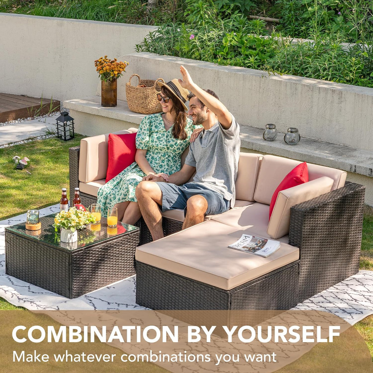 5-Piece All-Weather Patio Furniture Set with Cushions. Outdoor Wicker Conversation Sofa Set for Garden. Deck & Backyard