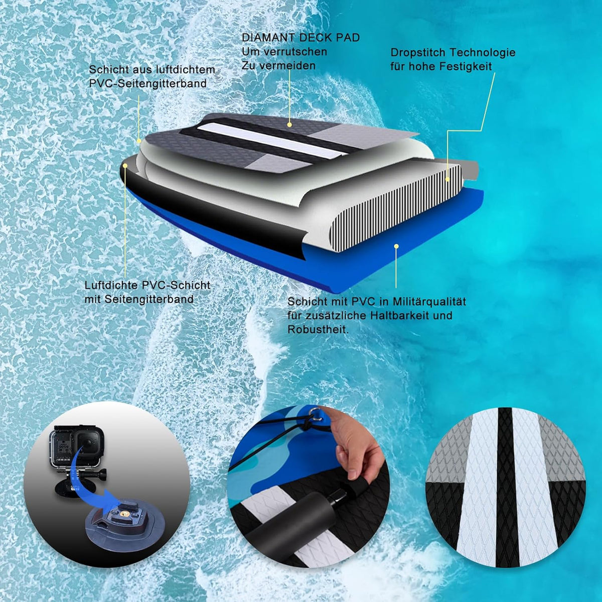Inflatable Paddle Board with Kayak Seat. 330 x 76 x 15 cm. up to 150 kg. Integrated Pad. Detachable Fin. Double Adjustable Paddle. Repair Kit. Blue