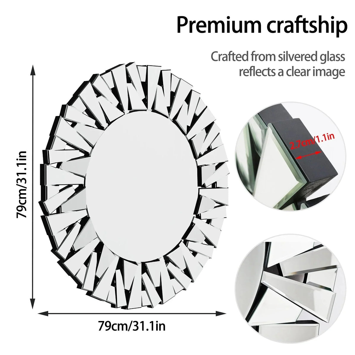 32 Inch Round Decorative Wall Mirror. Glass Accent Mirror for Home Decor