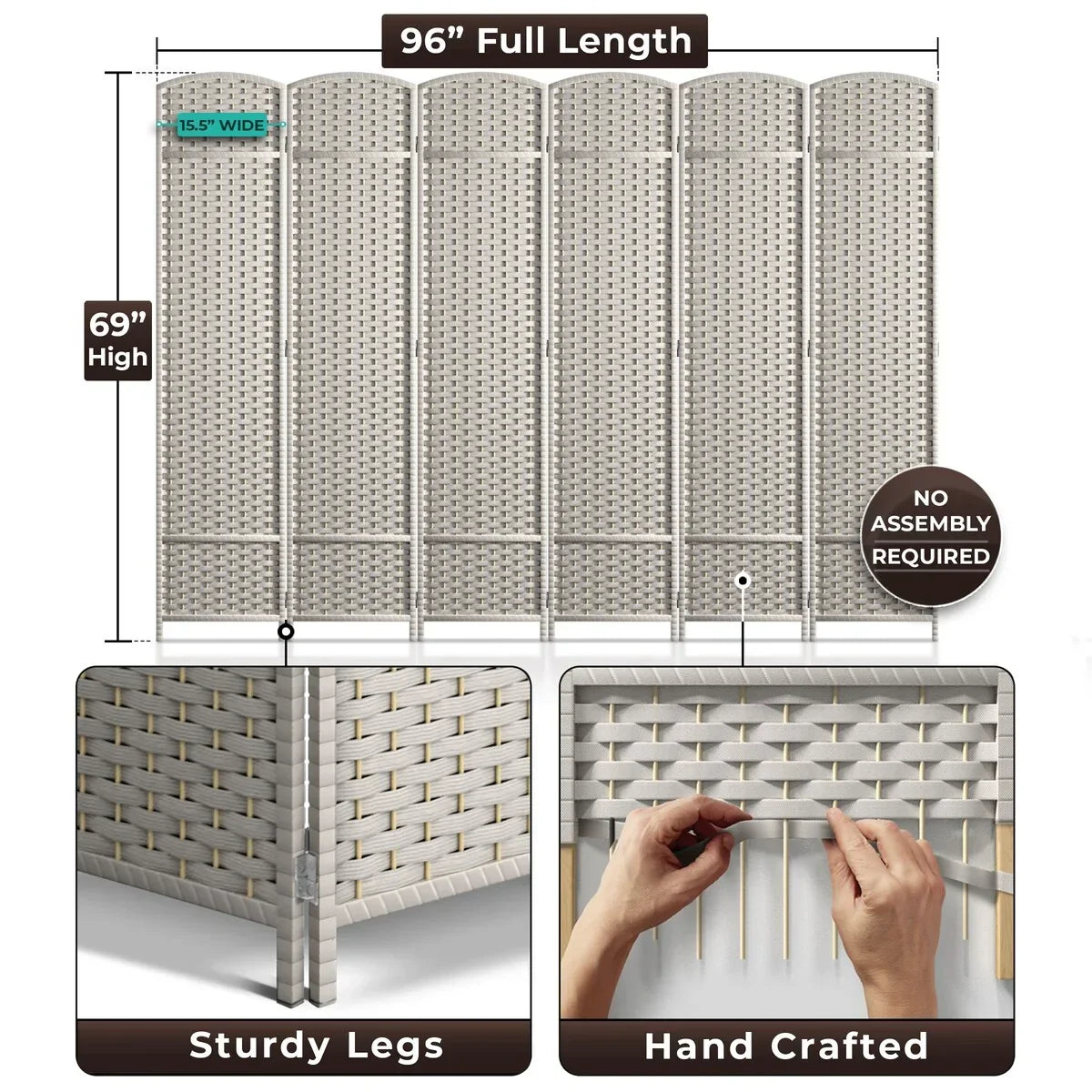 6 Panel Room Divider. 6ft Tall Extra Wide Folding Privacy Screen with Hand-Woven Mesh Panels