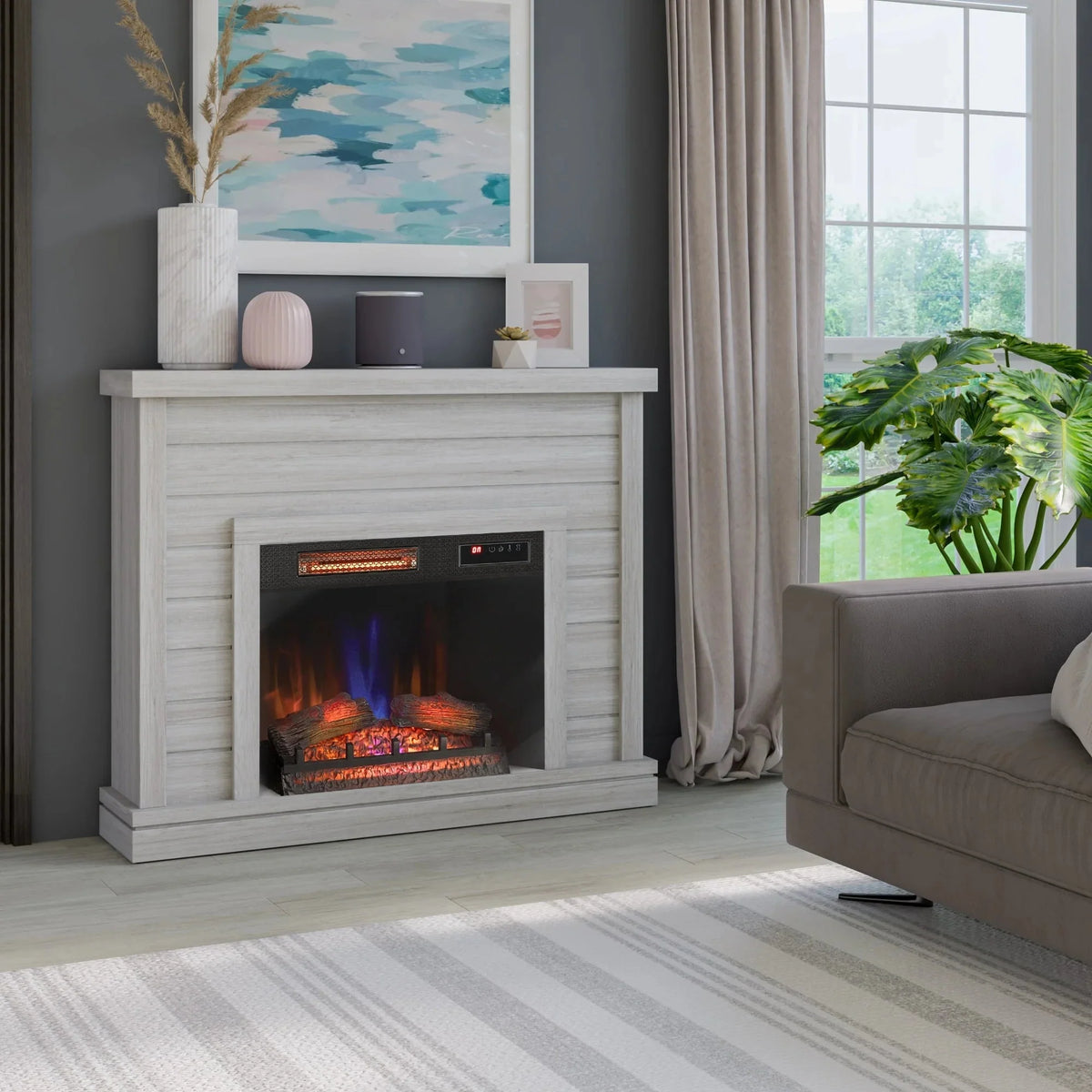 52 Shiplap Wall Fireplace Mantel. Modern Electric Fireplace with 3D Flame Effect Insert for Home Decor