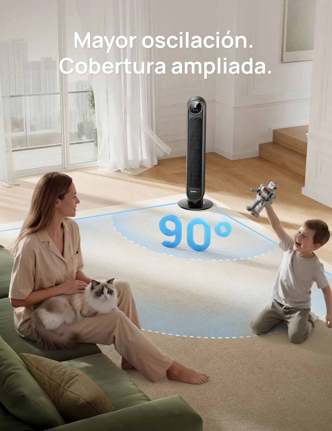 Dreo 20dB Ventilador de Pie Silencioso. Ventiladores de Torre con Velocidad de 7.6 m/s. 4 Velocidades. Rotación de 90°. Temporizador de 8 Horas.