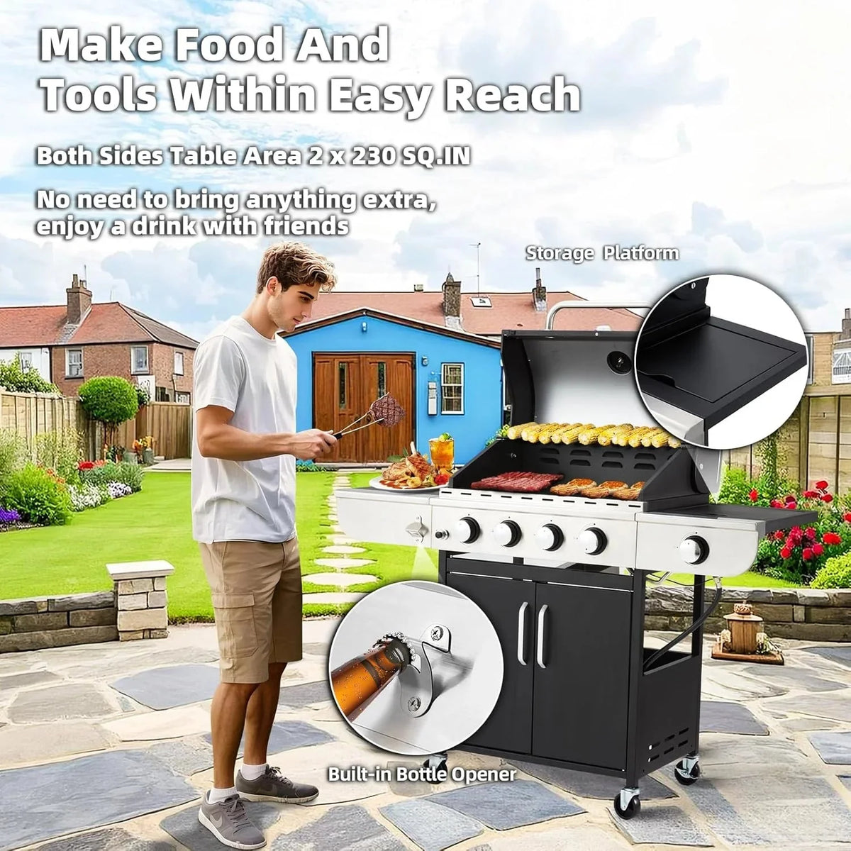 4-Burner Propane Gas Grill with Cast Iron Grates. Side Stove and 44.000 BTU Stainless Steel Burners