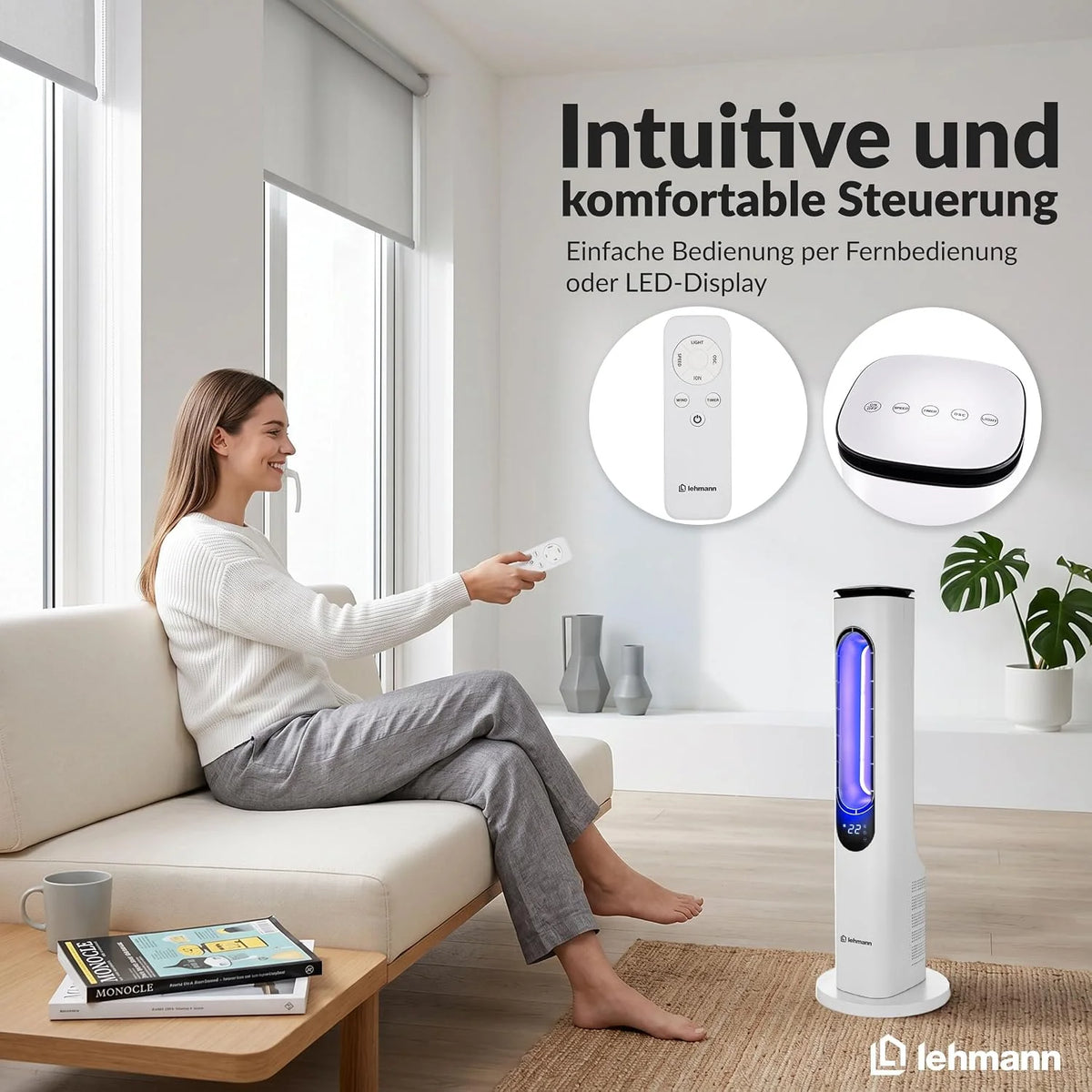 LEHMANN Turmventilator mit Fernbedienung & LED-Display. leiser Ventilator mit Schlafmodus. 15 h Timer. 3 Lichtfarben. 3 Modi. 3 Geschwindigkeiten.