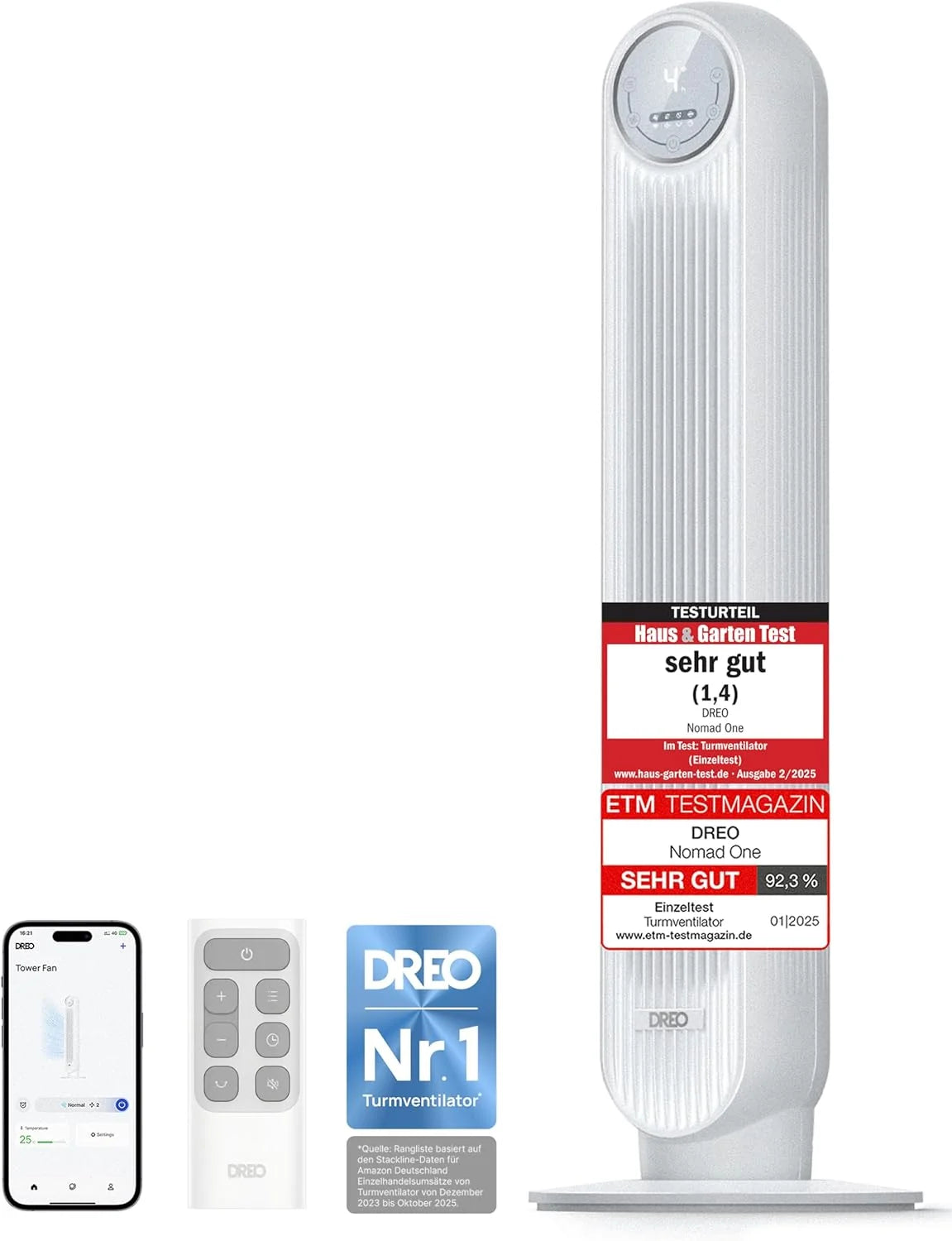 Dreo Smart 20dB Leiser Turmventilator. 10 m Wurfweite 4 Geschwindigstufen 4 Modi 8 Std. Timer 90° oszillierende Ventilator mit Kühlung WLAN &