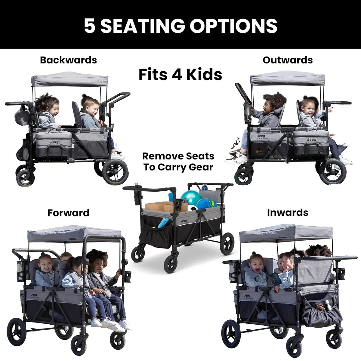 Luxurious 4-seater children's stroller - A high-end 4-seater children's stroller specially designed for 4 children. equipped with convertible seats. adjustable push-pull handles. detachable sunshade. and flat folding device. The color is grey.
