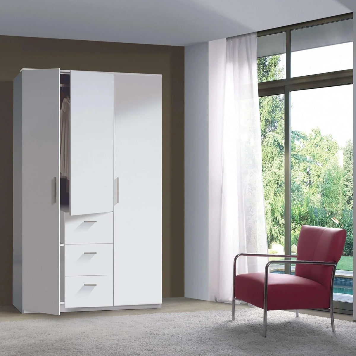 Habitdesign Armario Ropero 3 Puertas y 3 cajones. 203x117x52 (AltoxAnchoxFondo - en Cm). con Barra Colgadora y Estantes. Color Blanco Brillo