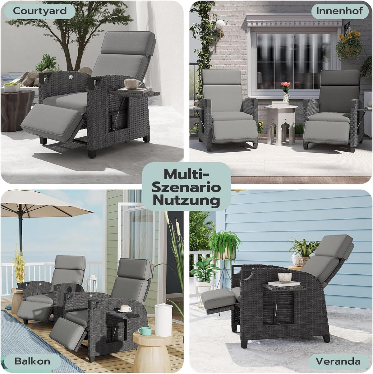 UDPATIO Sillón Ratán Jardin Exterior Reclinable. Tumbona de Jardín Ajustable 150°. con Respaldo Ajustable. Fundas + Extraíbles Cojines. Impermeable.