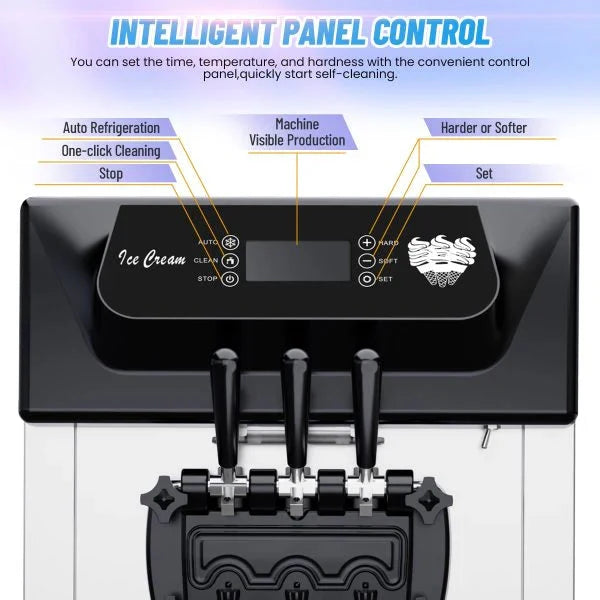 2200W 3-Flavor Soft Serve Ice Cream Machine. 5.3–7.4 Gal/Hr. LCD Touch Screen. Automatic Cleaning