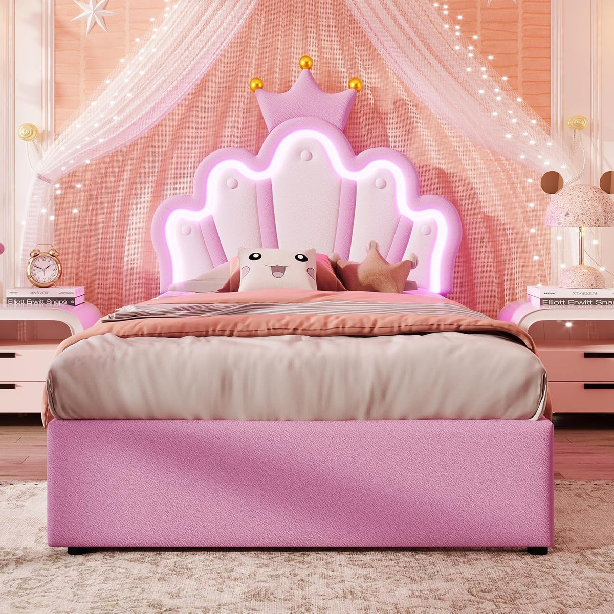 Kinderbett Polsterbett 90x200. Kronenförmiges Prinzessinnenbett. Einzelbett mit LED und 2 Schubladen. Bettgestell für Mädchen. mit Verstellbares
