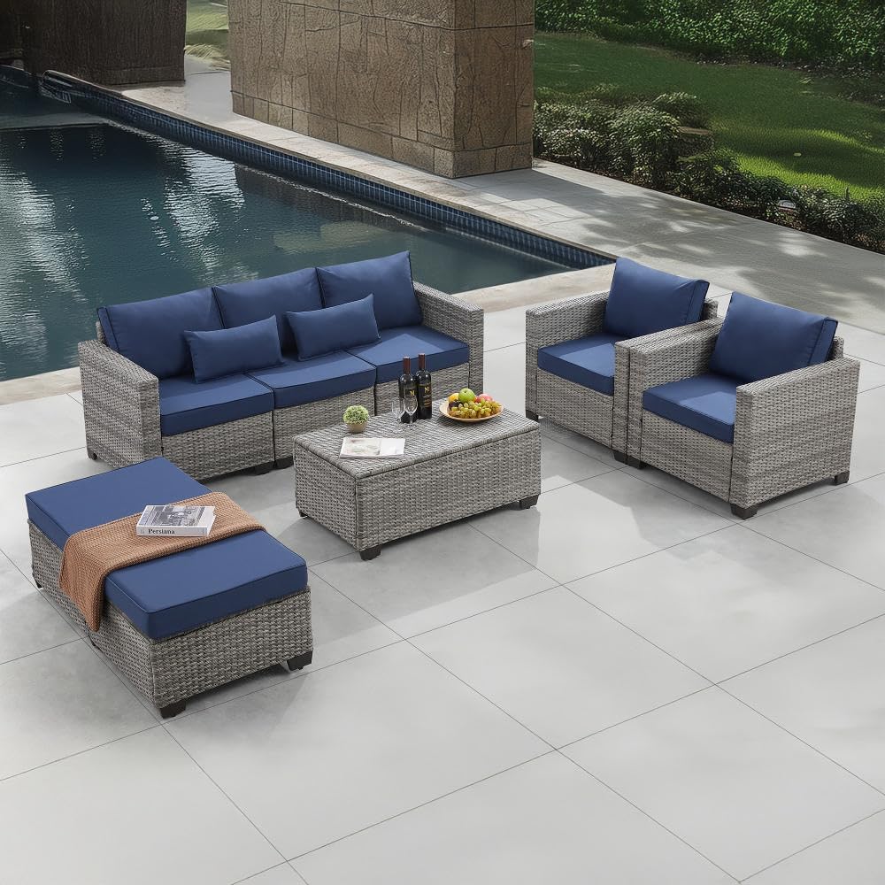 6 Pieces Outdoor Patio Furniture Sets with Furniture Cover. PE Rattan Wicker Patio Conversation Set with Tea Table (Peacock Blue. Rattan Storage Table)