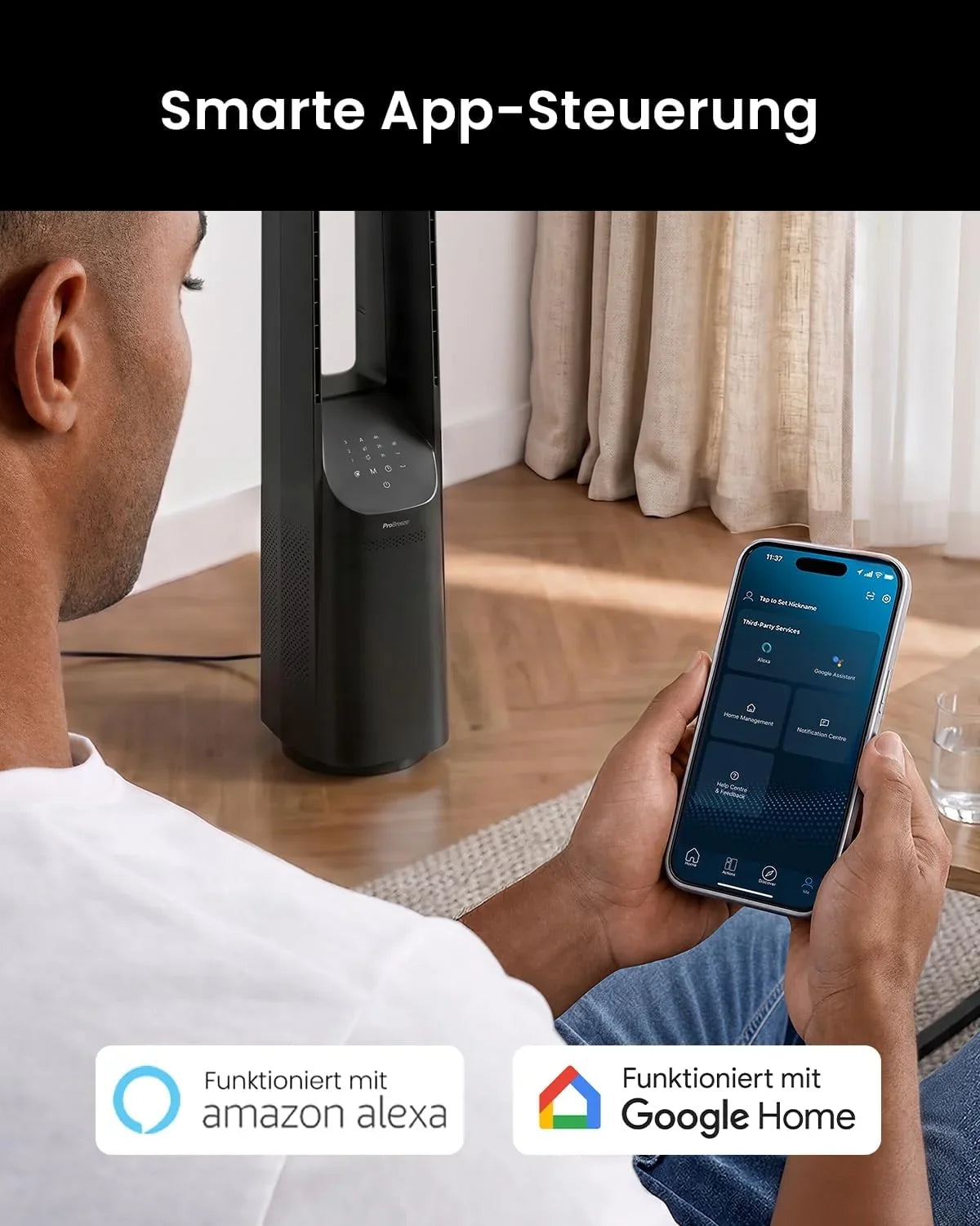 Pro Breeze 101cm rotorloser Ventilator - Smart Home Ventilator mit WLAN. Fernbedienung. LED Display. 6 Geschwindigkeiten - Turmventilator sehr leise.