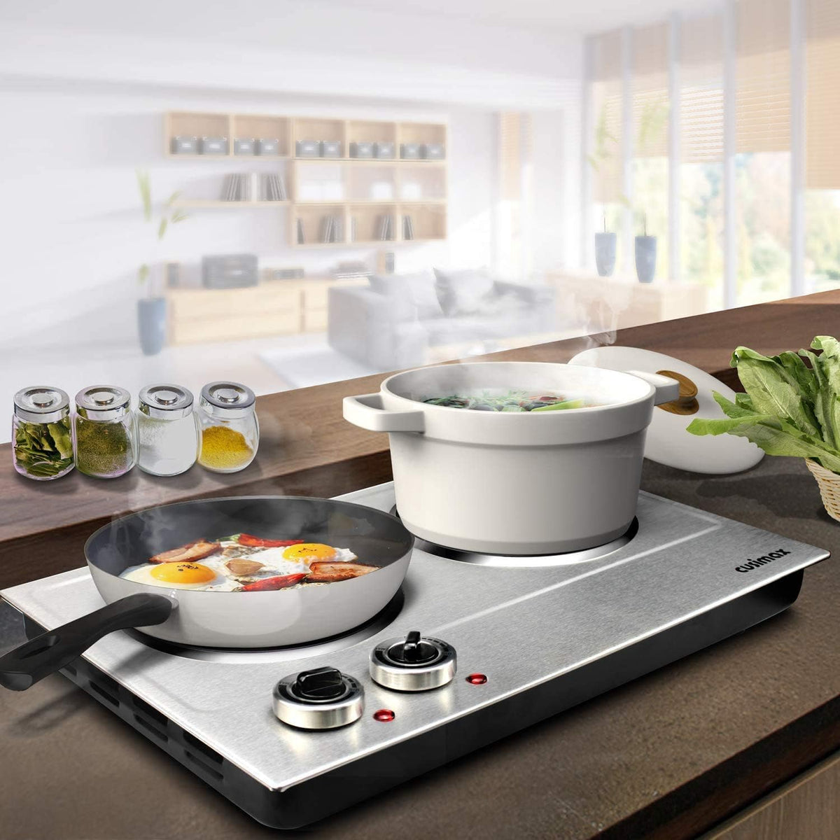 Hot Plate.1800W Ceramic Electric Hot Plate for Cooking. Dual Control Infrared Cooktop. Portable Countertop Burner. Glass Plate Electric Cooktop. Silver. Stainless Steel