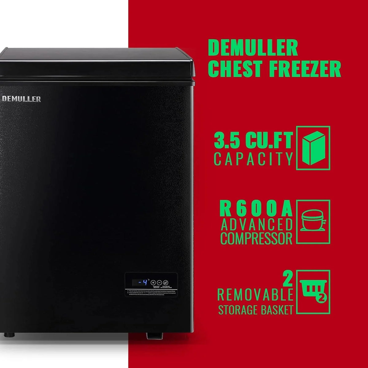 5.0 Cu. Ft. Chest Freezer with 2 Removable Stainless Steel Baskets. Electronic Control. 41°F to -15°F. Black
