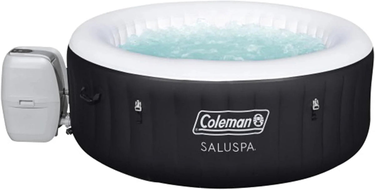 2-4 Person Inflatable Hot Tub. Portable Round Outdoor Spa with 120 Soothing Air Jets and Insulated Cover. Black