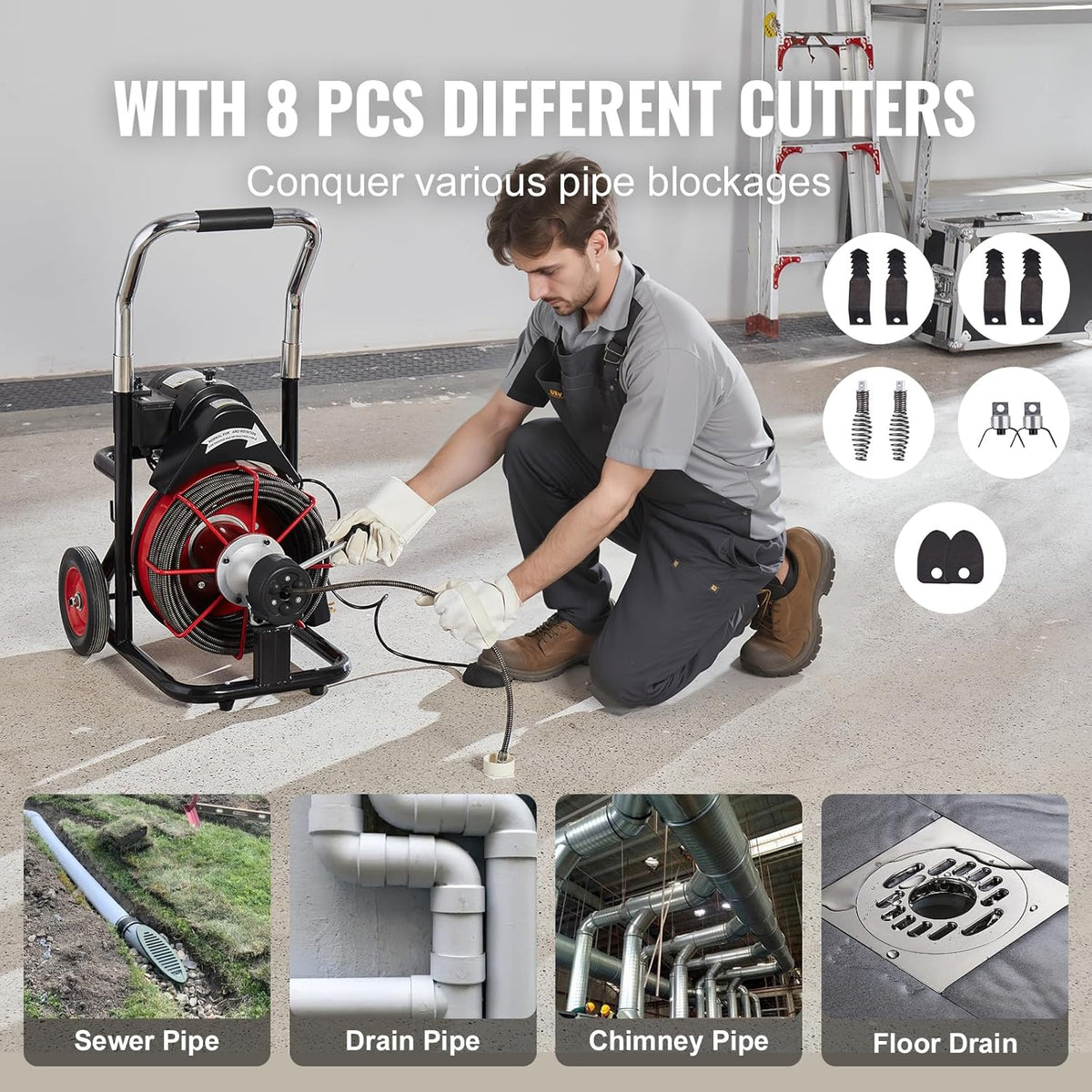 550W Drain Cleaning Machine. 100-Ft. x 1/2-Inch Sewer Snake Auger with 8 Cutters. Wheels and Foot Switch. for 2-4-Inch Pipes