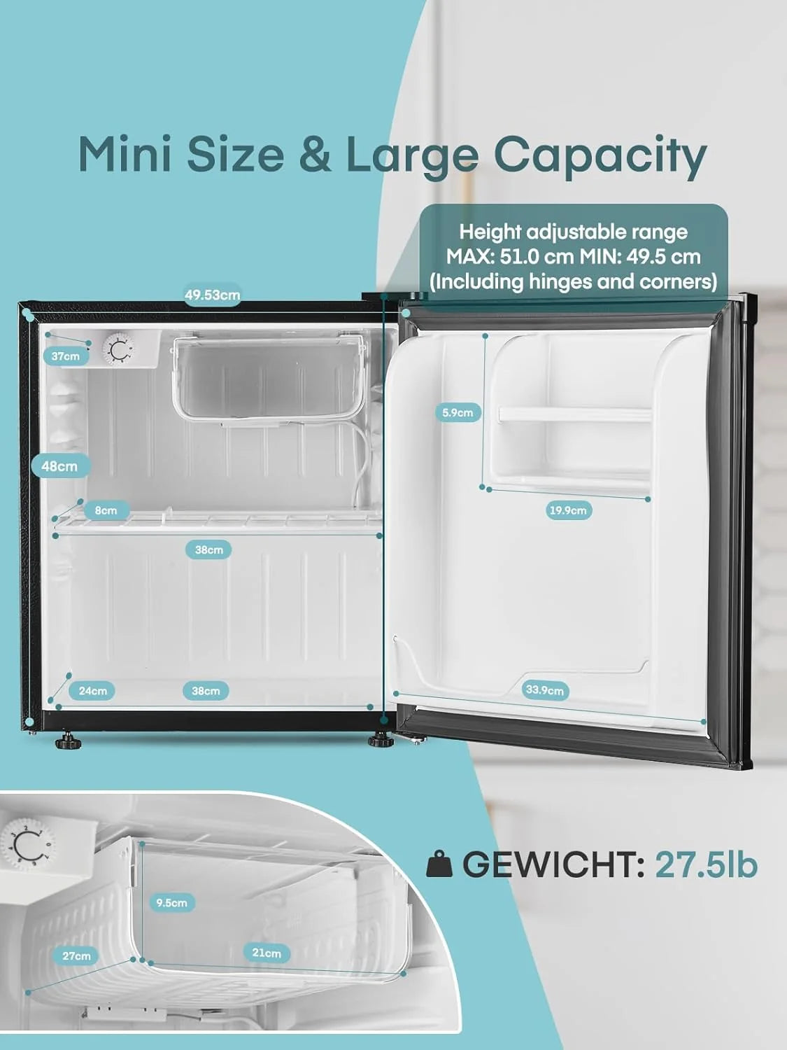 FOHERE Mini Kühlschrank 46L mit Eisfach | Kühlschrank Klein | Temperaturregelung. Energiesparend. Leise | Getränkekühlschrank Ideal für Büro. Camping