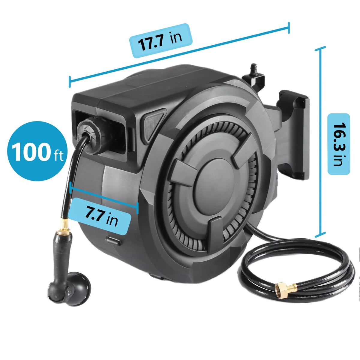 100 ft Wall Mounted Garden Hose Reel. 1/2 Inch Hose with 180° Swivel
