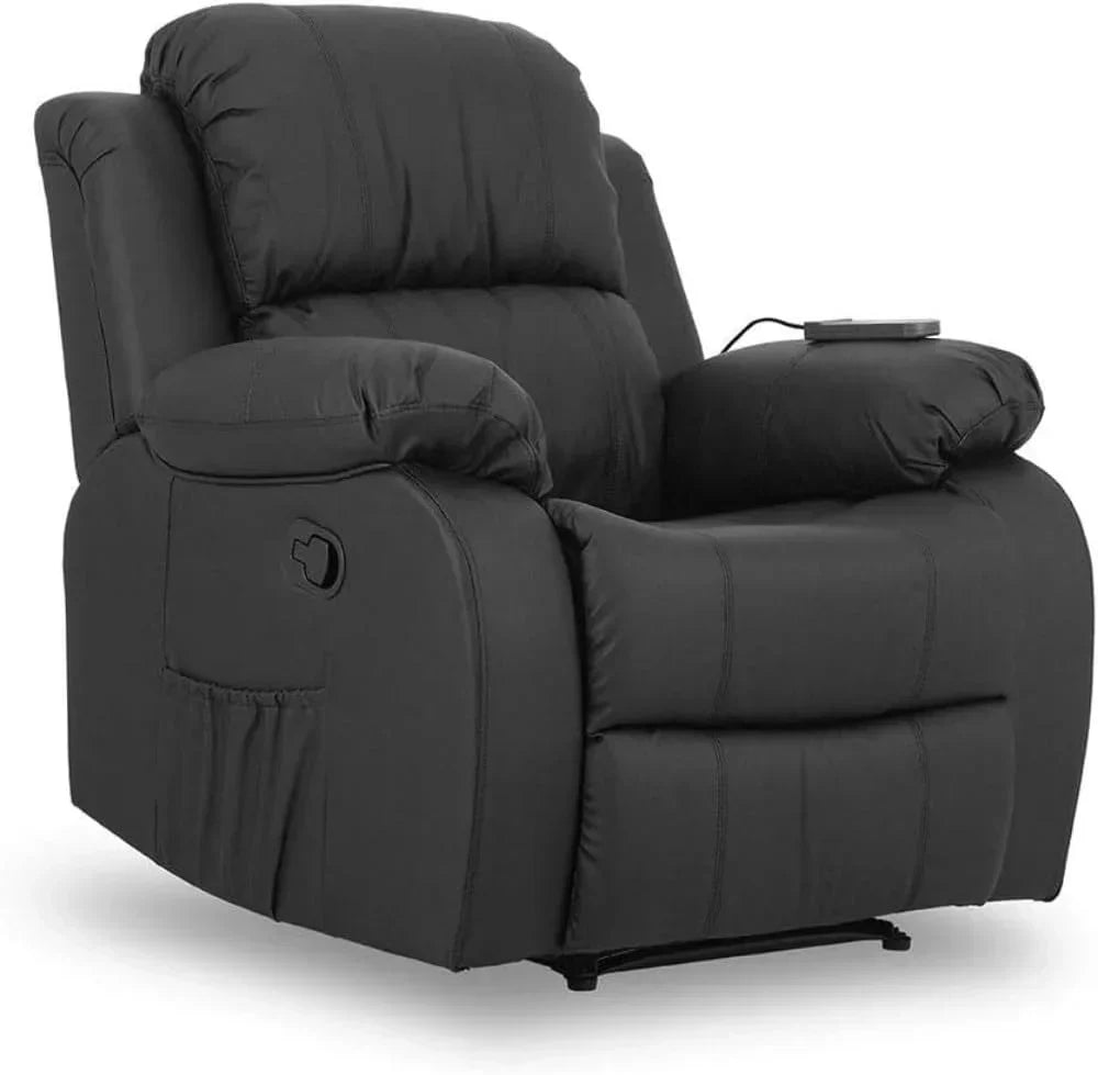 Don Descanso - Sillón Masaje Relax Calor Trevi Negro Reclinable 160o con 8 Motores Silenciosos. Calor Lumbar. Sist. Masaje 4 Zonas y Acabado en PU