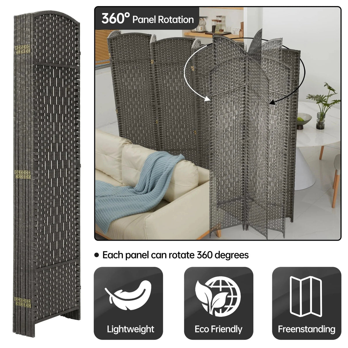 6 FT Tall Woven Fiber Room Divider. Freestanding Folding Privacy Screen