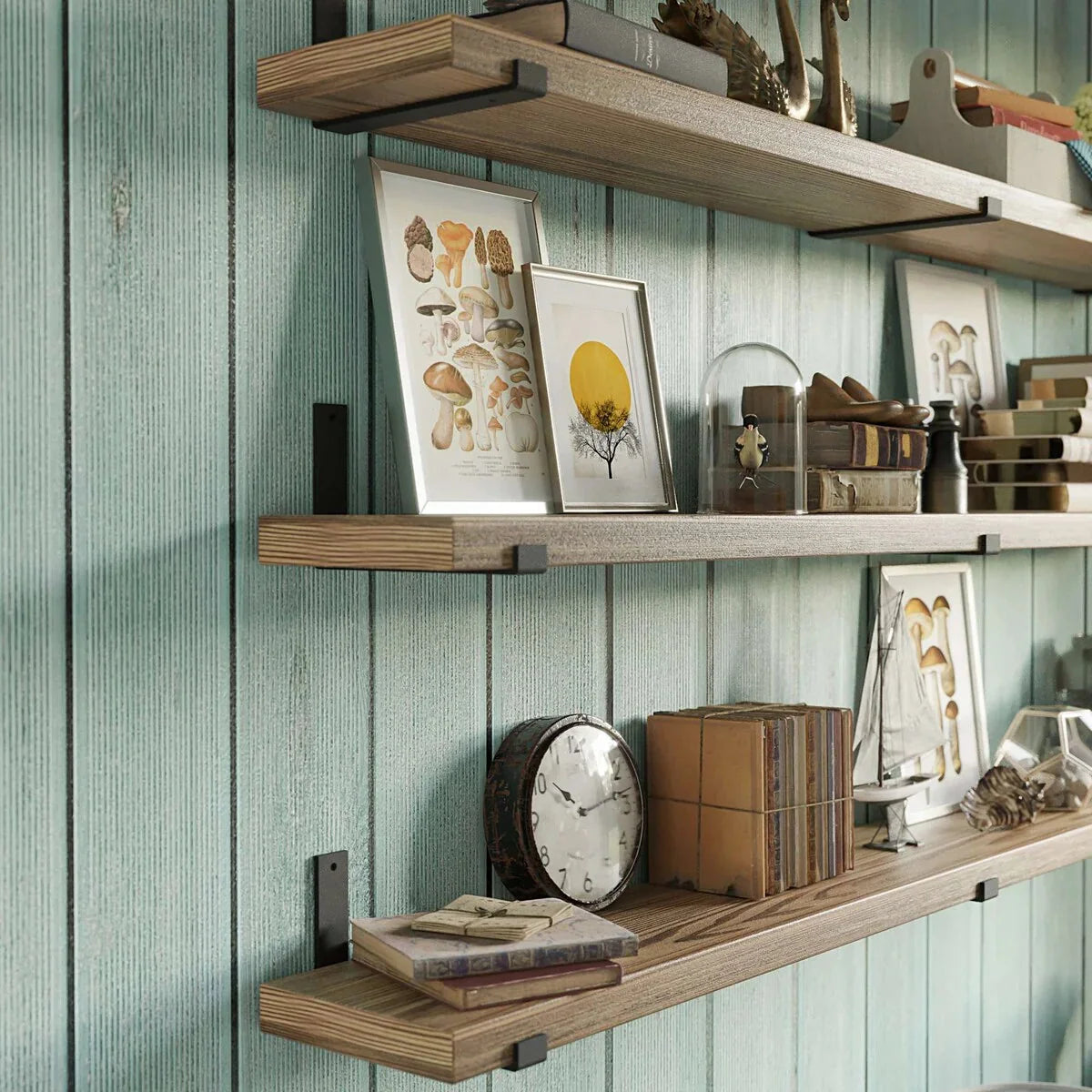 72 Inch Floating Wood Wall Shelves. Set of 3 Burnt Wood Display and Storage Shelves for Home Decor