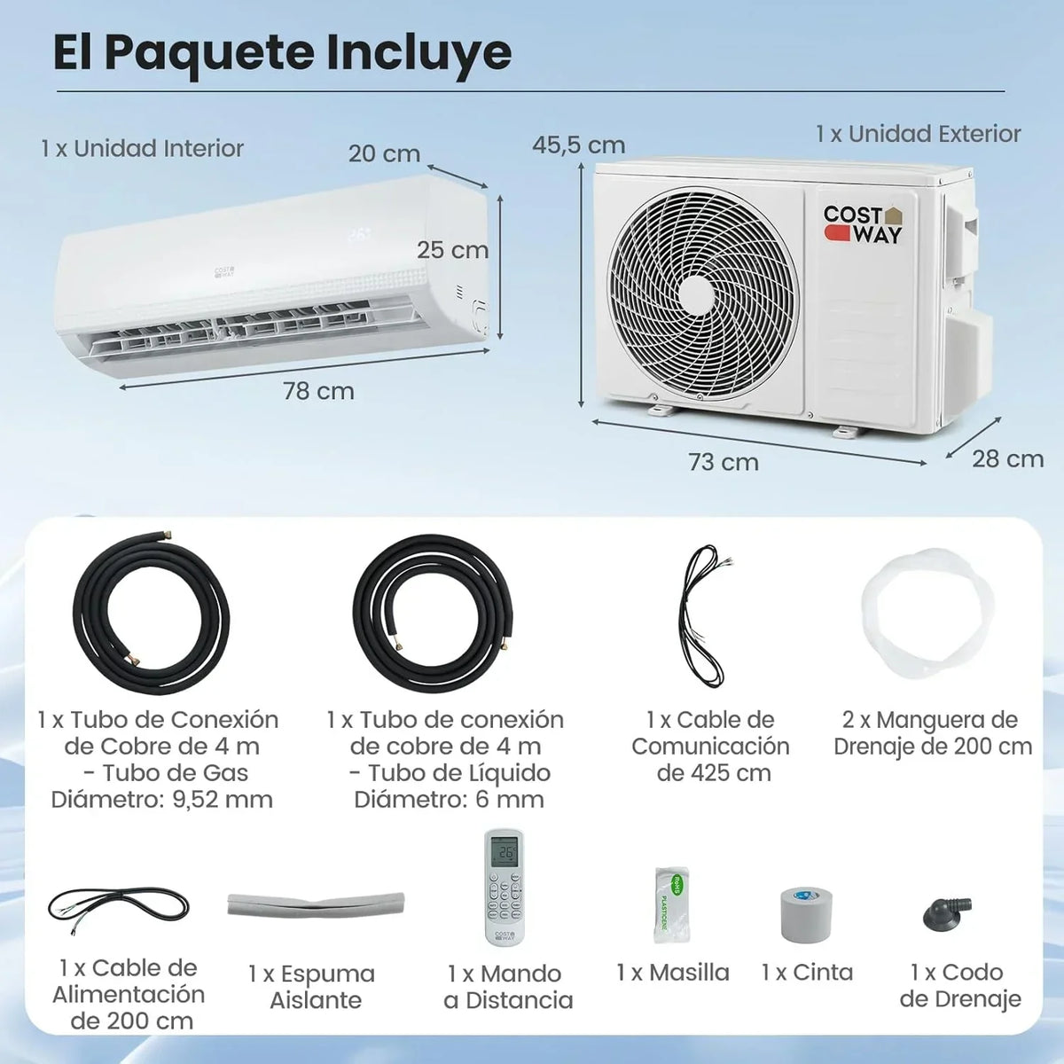 COSTWAY Aire Acondicionado Split. 2.6 kW. Aire Acondicionado con Calefacción con Bomba de Calor.Refrigerante: R32. Calefactor y Refrigerador con Kit