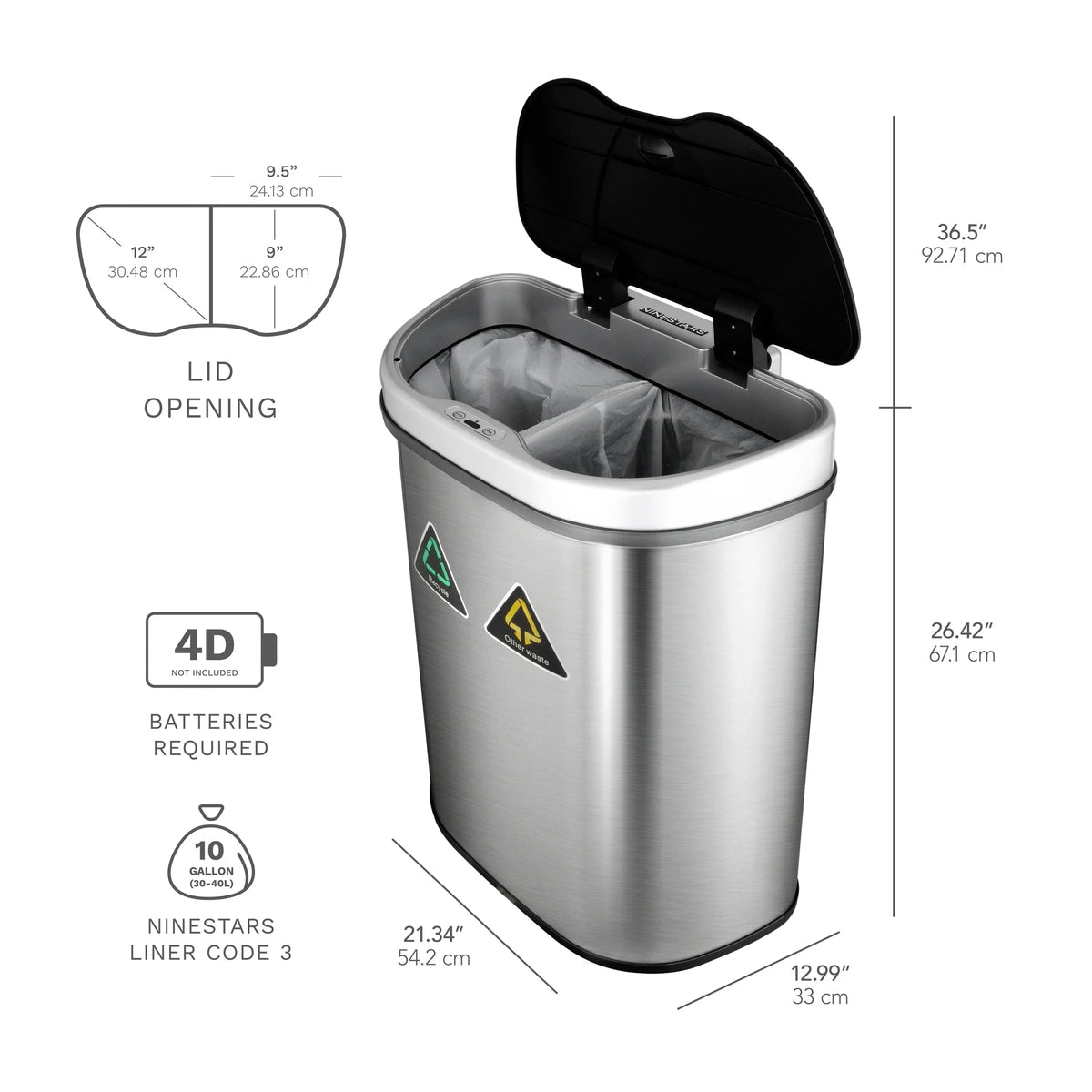 18 Gallon Dual Compartment Motion Sensor Trash Can. Automatic Hands-Free Kitchen Garbage Bin