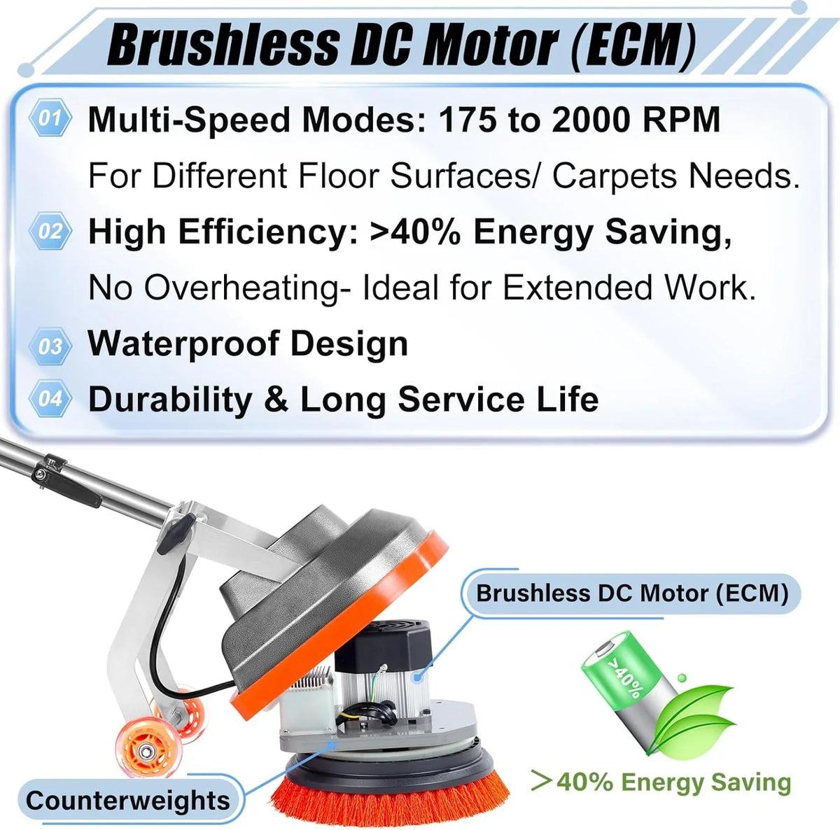 Commercial Floor Scrubber Machine with Brushes and Pads. Heavy Duty Floor Buffer Polisher and Cleaner- Deep Cleaning Tile and Grout. Hardwood Floors and Carpets without Getting on Hands and Knees