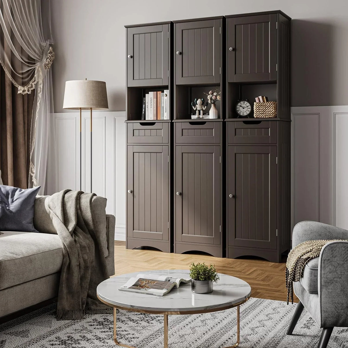 67 Inch Tall Narrow Bathroom Linen Cabinet. 5-Tier Solid Wood Freestanding Storage Cabinet