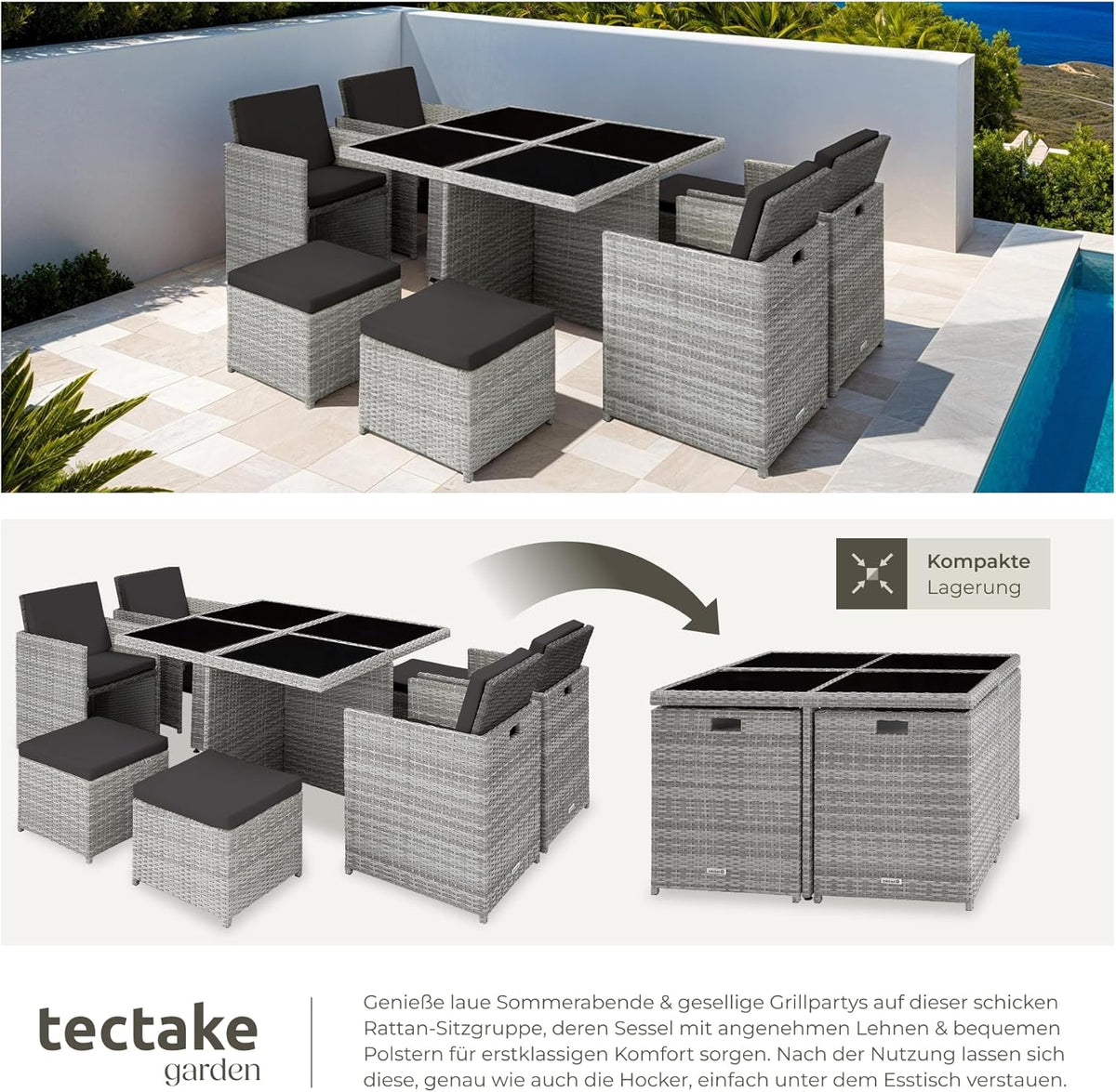 tectake Lounge Möbel Set 4X Stühle. 4X Hocker. 1x Tisch. platzsparende Cube Aufbewahrung. Outdoor Rattan Gartenmöbel für Balkon. Garten und Terrasse.