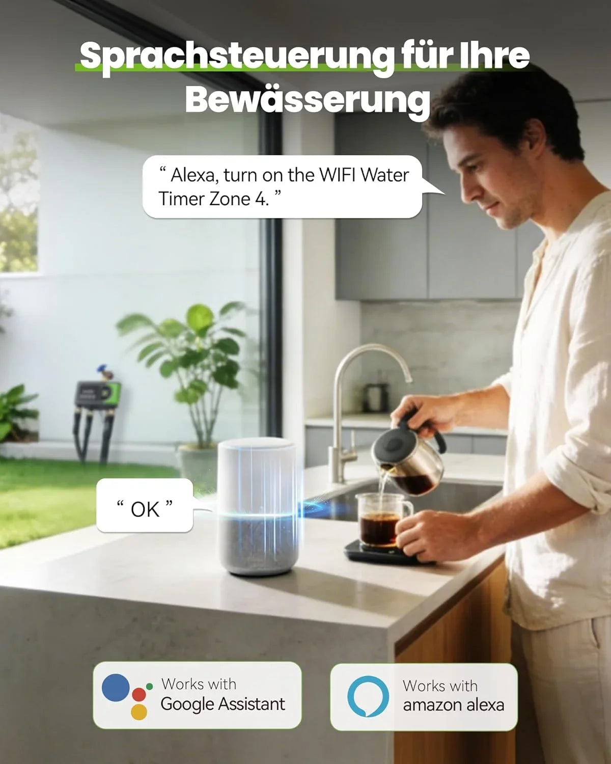 RAINPOINT Bewässerungscomputer WLAN mit 4 Ausgängen. Messing Ein- und Ausgang. Bewässerungsuhr 4 Zonen mit wetter- & bodenbasierter Steuerung. App- &