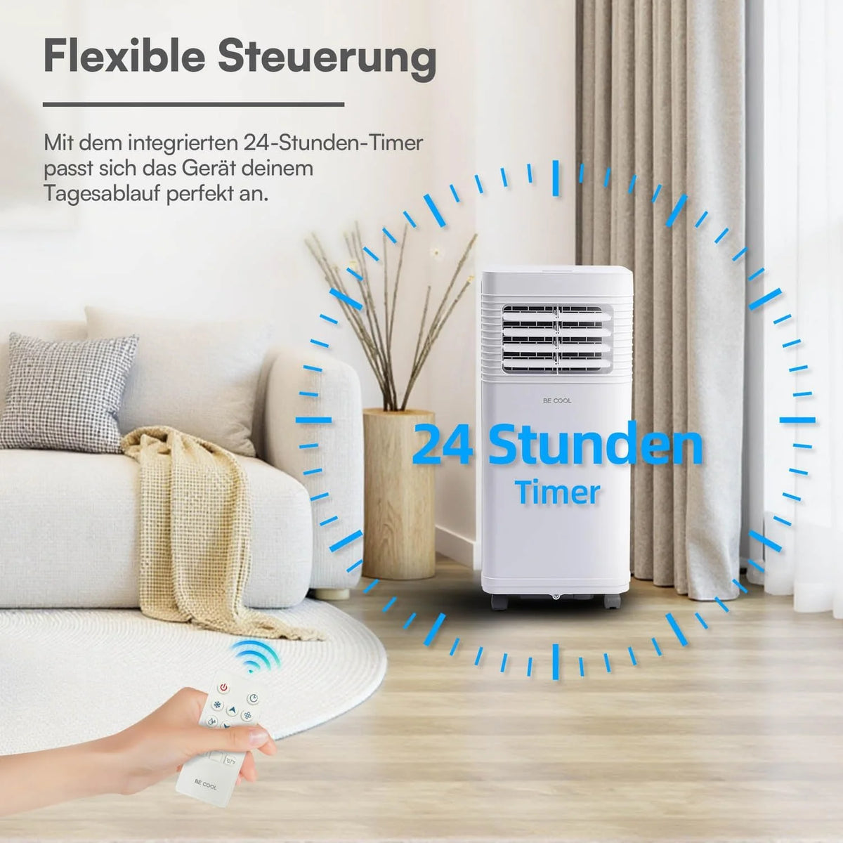 BE COOL Mobiles Klimagerät 7000 BTU mit WLAN. 3in1 Klimaanlage zum Kühlen. Entfeuchten & Lüften. für Räume bis 24 m². Fernbedienung. Timer.