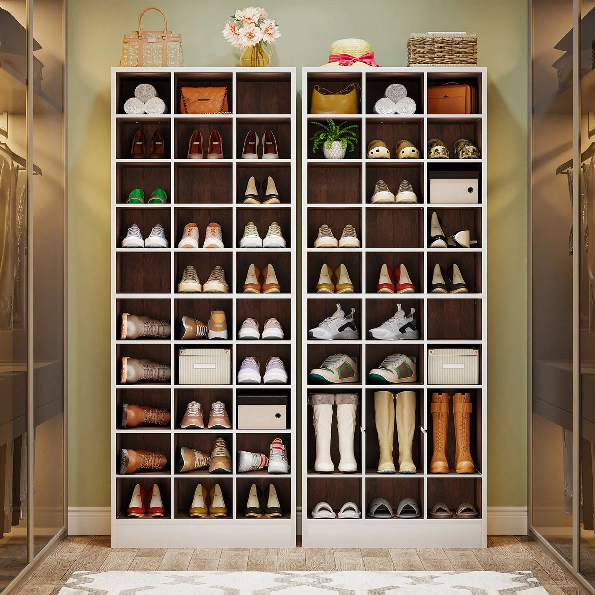 10-Tier Tall Shoe Cabinet. 30-Pair White Wood Shoe Storage Rack for Entryway and Closet